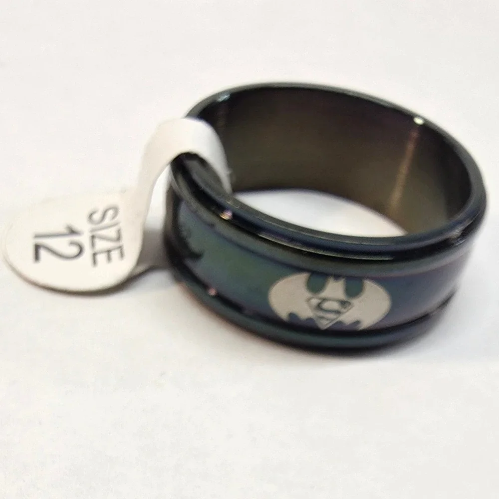 New Big Mens Batman Superman Ring Plus Size 12 Thumb Superhero Black Silver Band